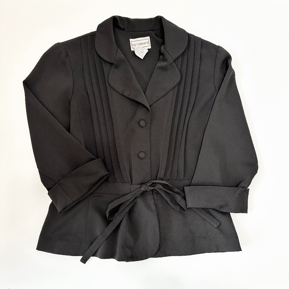 Vintage Karin Stevens Black Suit Jacket Women's Size 12 Button Tie Front Cuffed